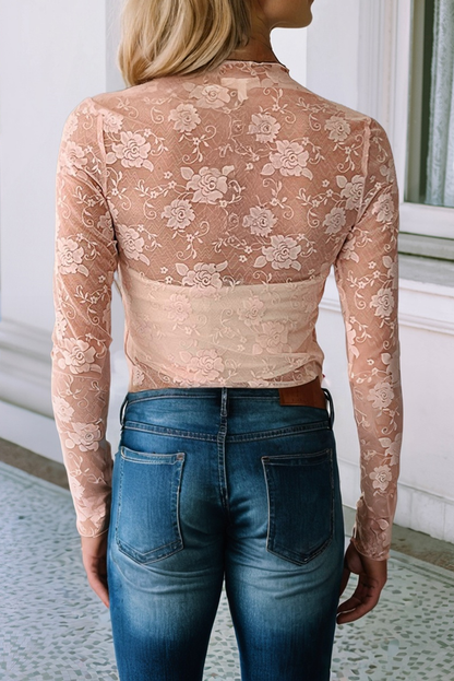 LDC Mock Neck Floral Lace Mesh Long Sleeve Top|S-4X
