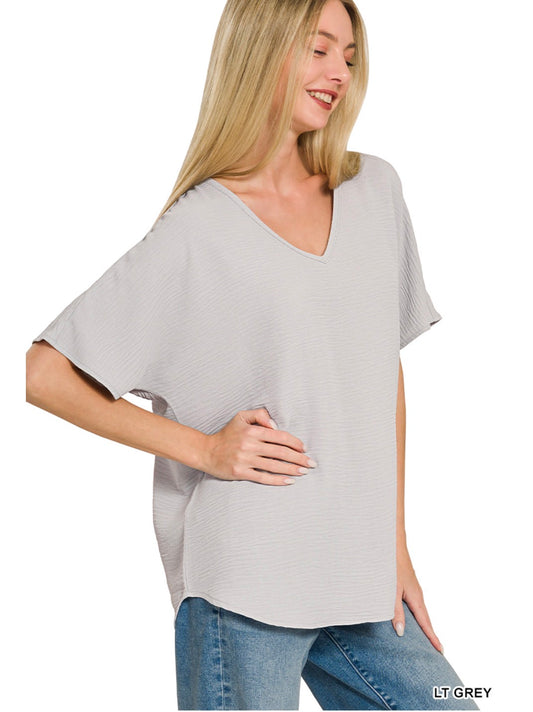 Woven Airflow V-Neck Blouse- Light Grey