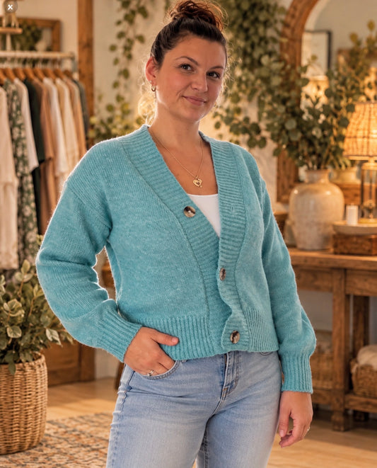 Chunky Cropped Cardigan- Teal