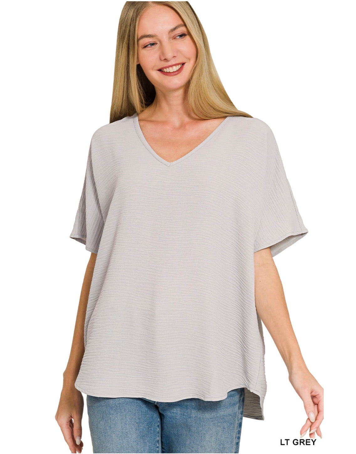 Woven Airflow V-Neck Blouse- Light Grey