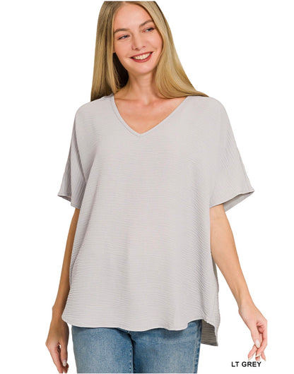 Woven Airflow V-Neck Blouse- Light Grey