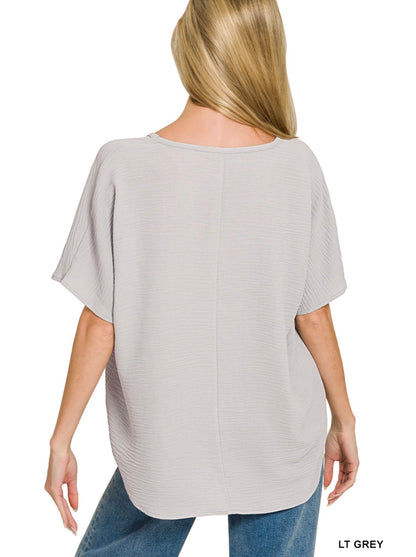 Woven Airflow V-Neck Blouse- Light Grey