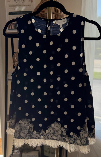 Navy & Ivory Polka Dot with Lace Detail Tank