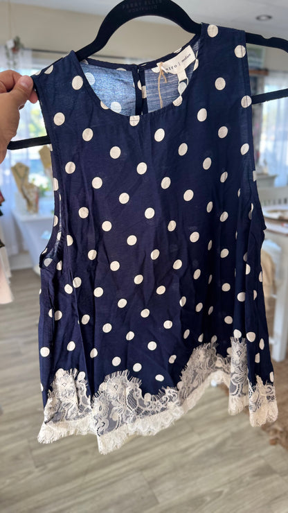 Navy & Ivory Polka Dot with Lace Detail Tank