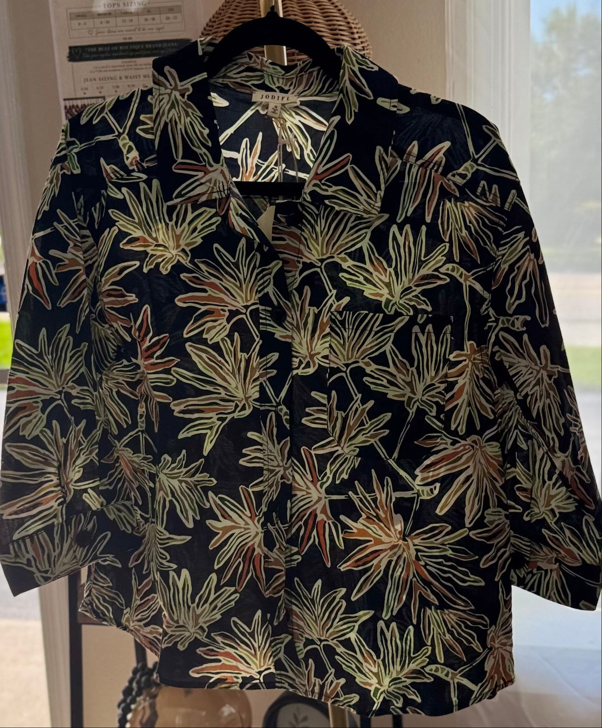 3/4 Length Black Leaf Button Up