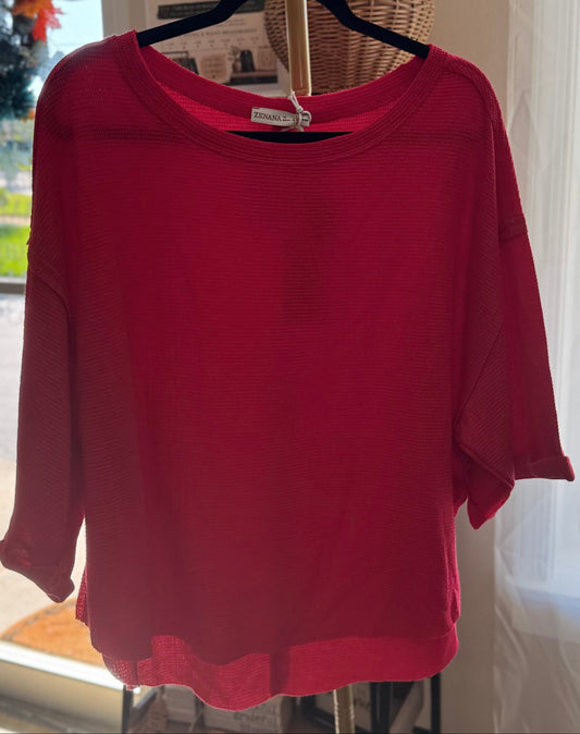 Relaxed 3/4 Sleeve Thermal Red Top