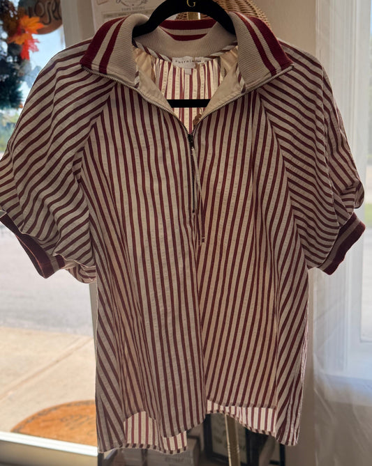 Rust & Ivory Striped Zip-Up Blouse