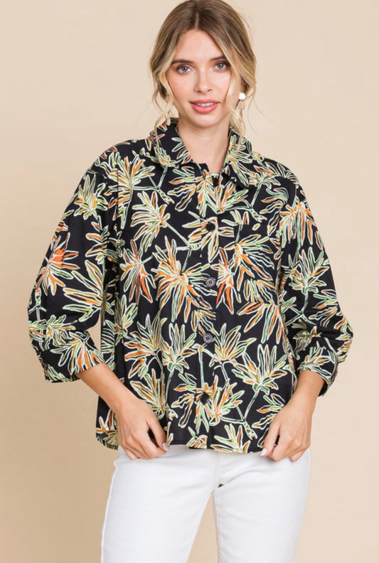3/4 Length Black Leaf Button Up