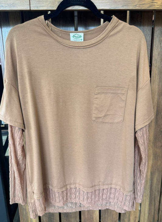 Camel Long Sleeve with Pocket & Lace Details