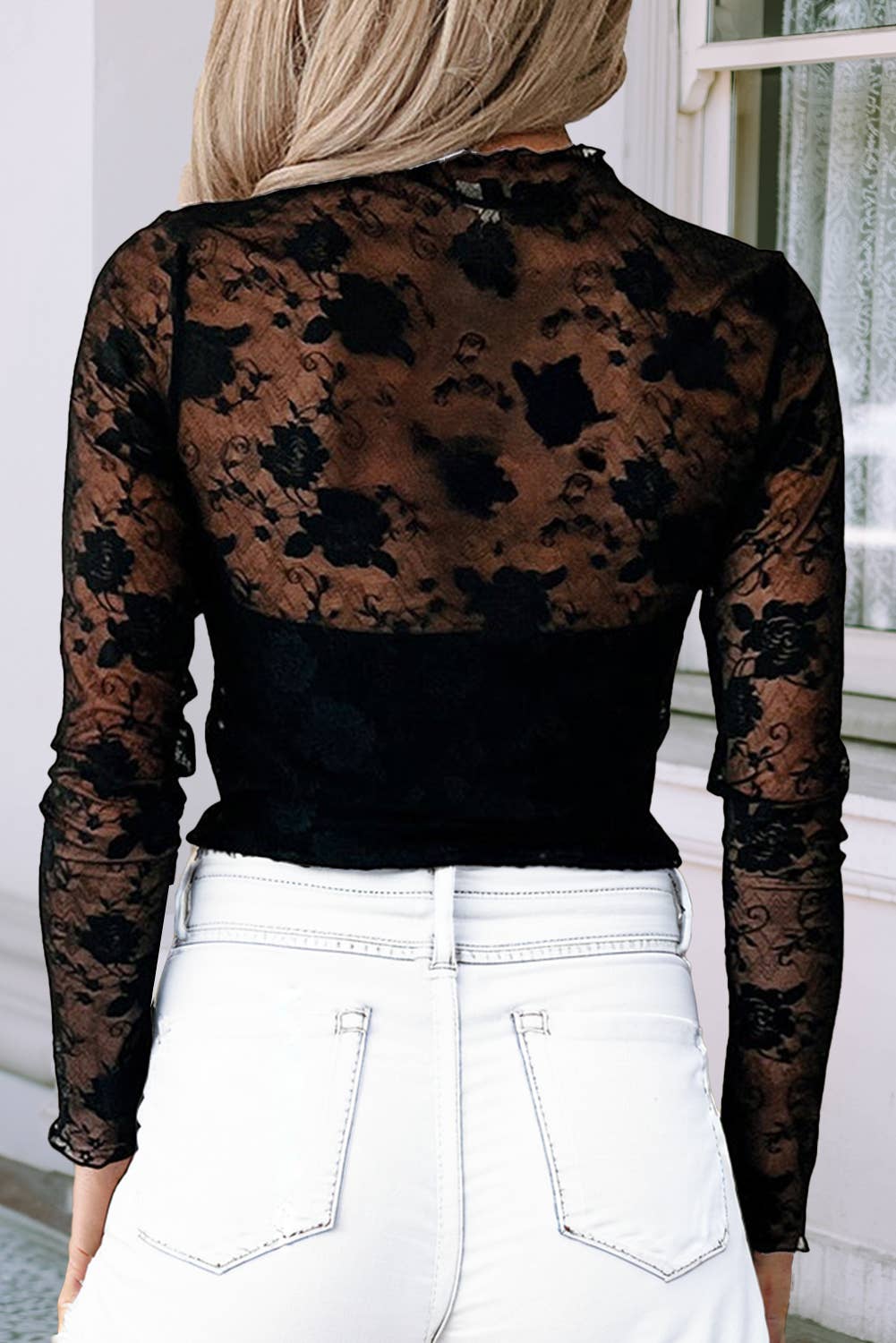 LDC Mock Neck Floral Lace Mesh Long Sleeve Top|S-4X