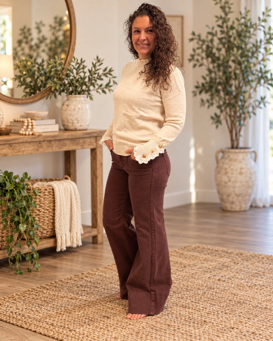 Risen brown tummy-control wide-leg jeans, front view
